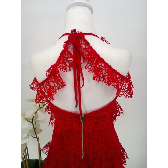 Selfie Leslie Womens Red Floral Crochet Ruffle Lined Fairy Mini Dress Size M - Picture 6 of 10
